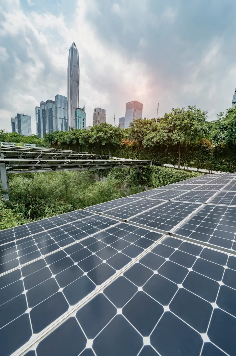 Ground-mounted commercial solar panels near a modern city skyline.