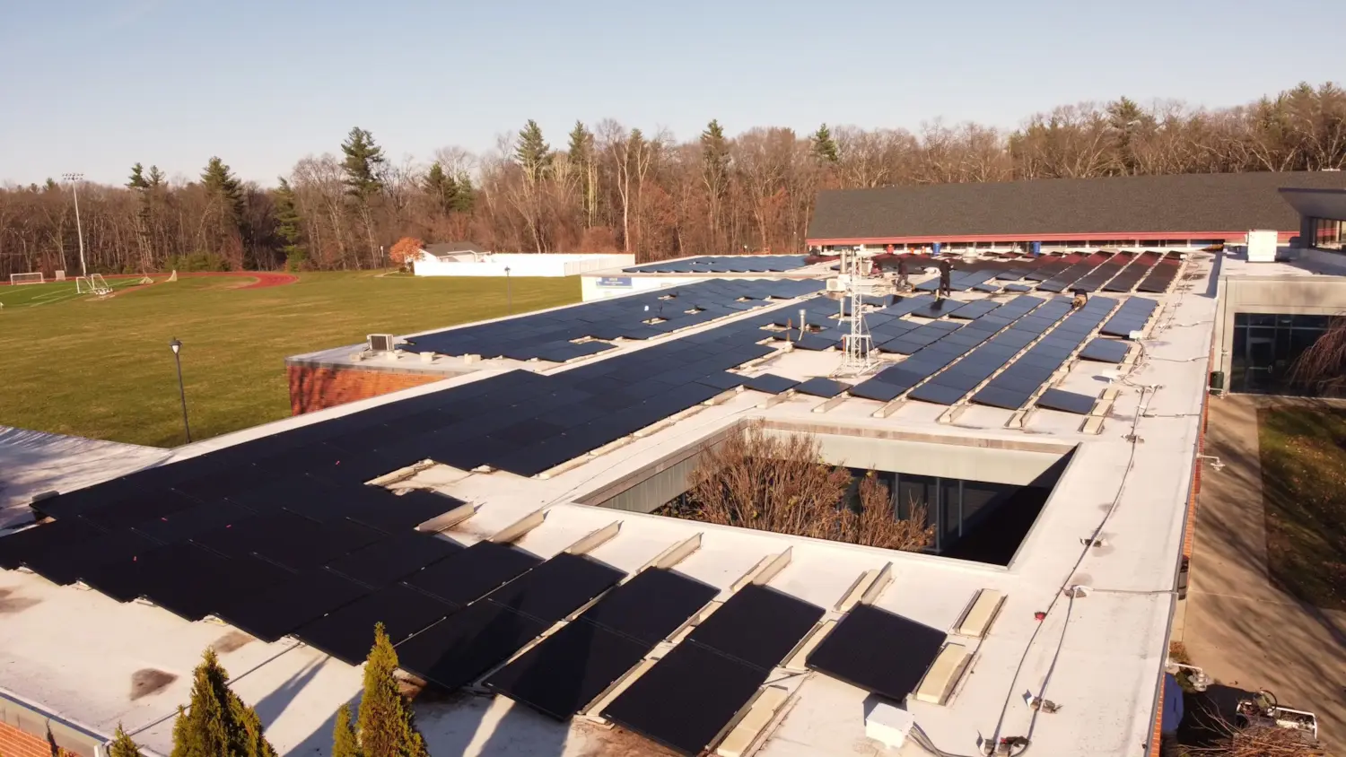 Lunex ballasted rooftop solar system on Hillside School in Marlborough, Massachusetts.