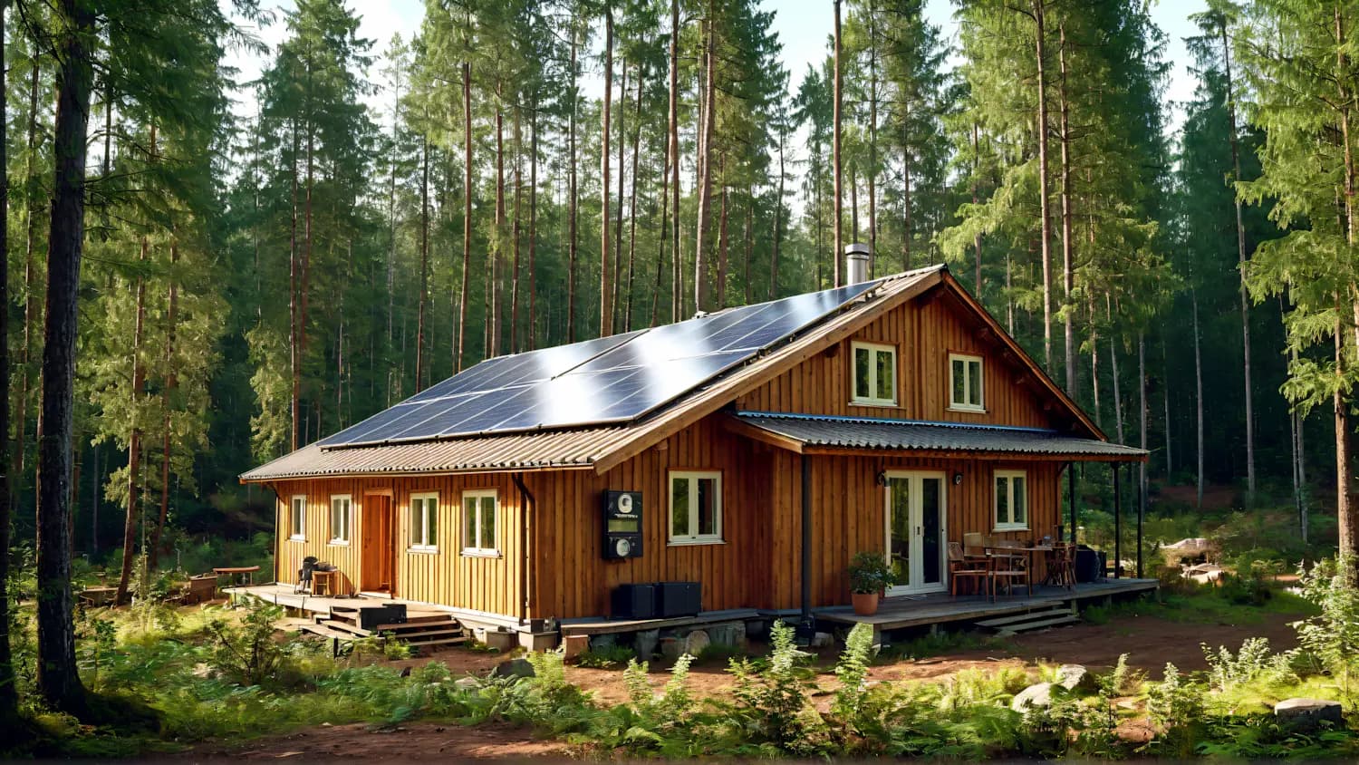 An off-grid solar cabin in a remote woodland setting