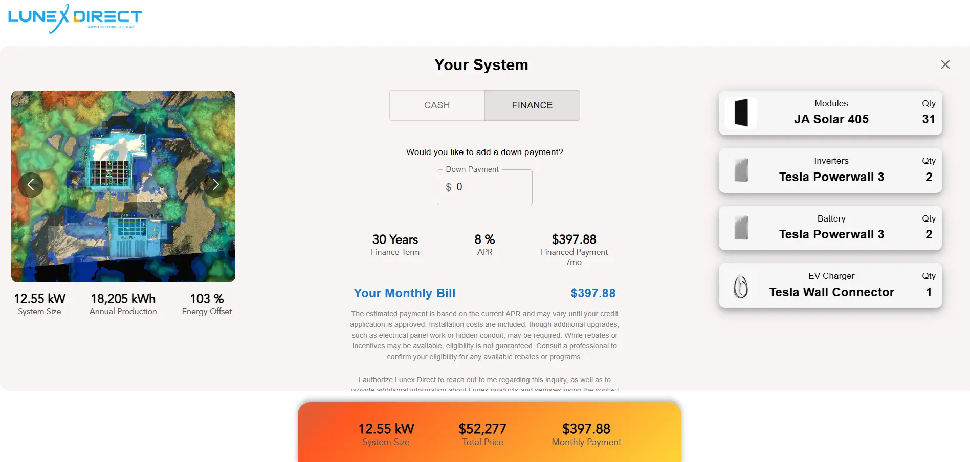 A screenshot of a Lunex Direct solar pricing proposal