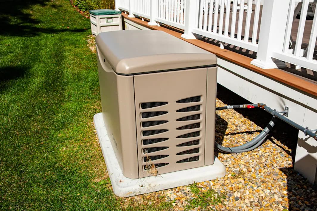 A whole-home standby generator installed beside a residential home